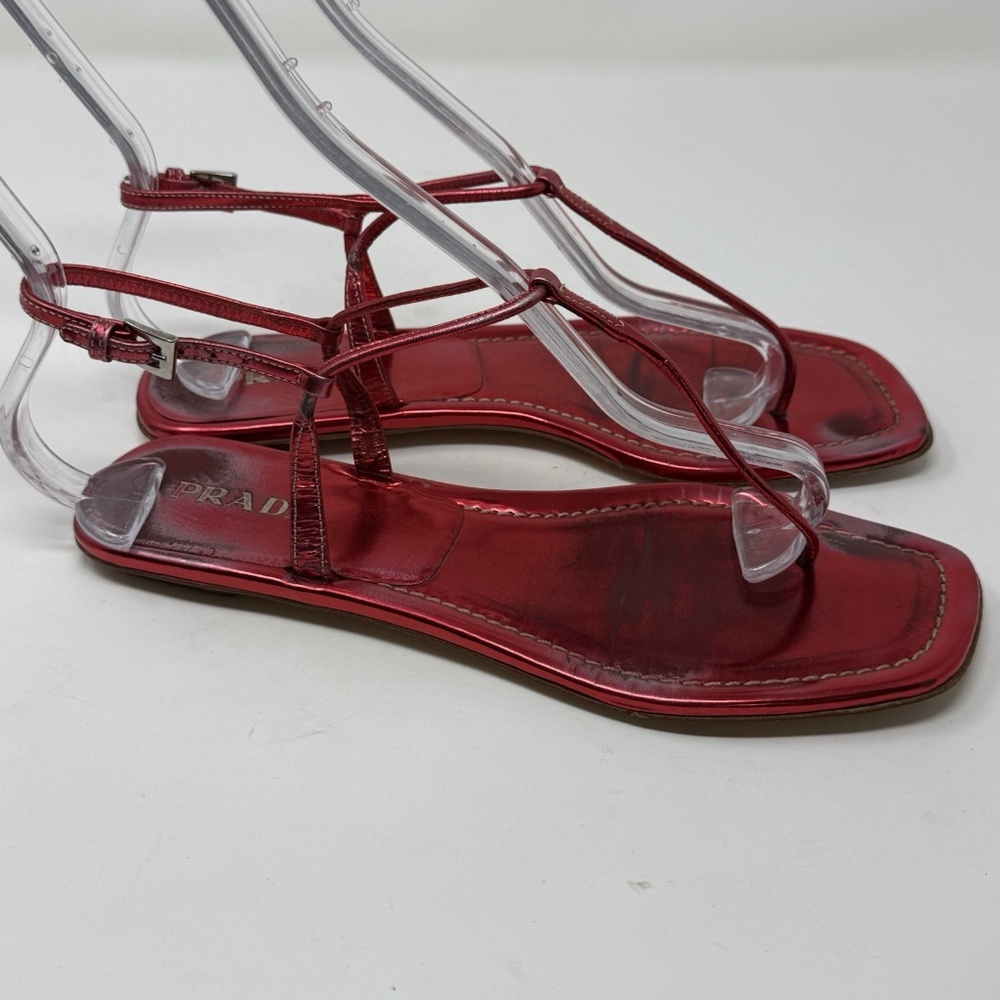 Prada Capretto Thong Leather Sandals Metallic Pinkish Red Size 7.5 (EU 38) - Picture 6 of 13